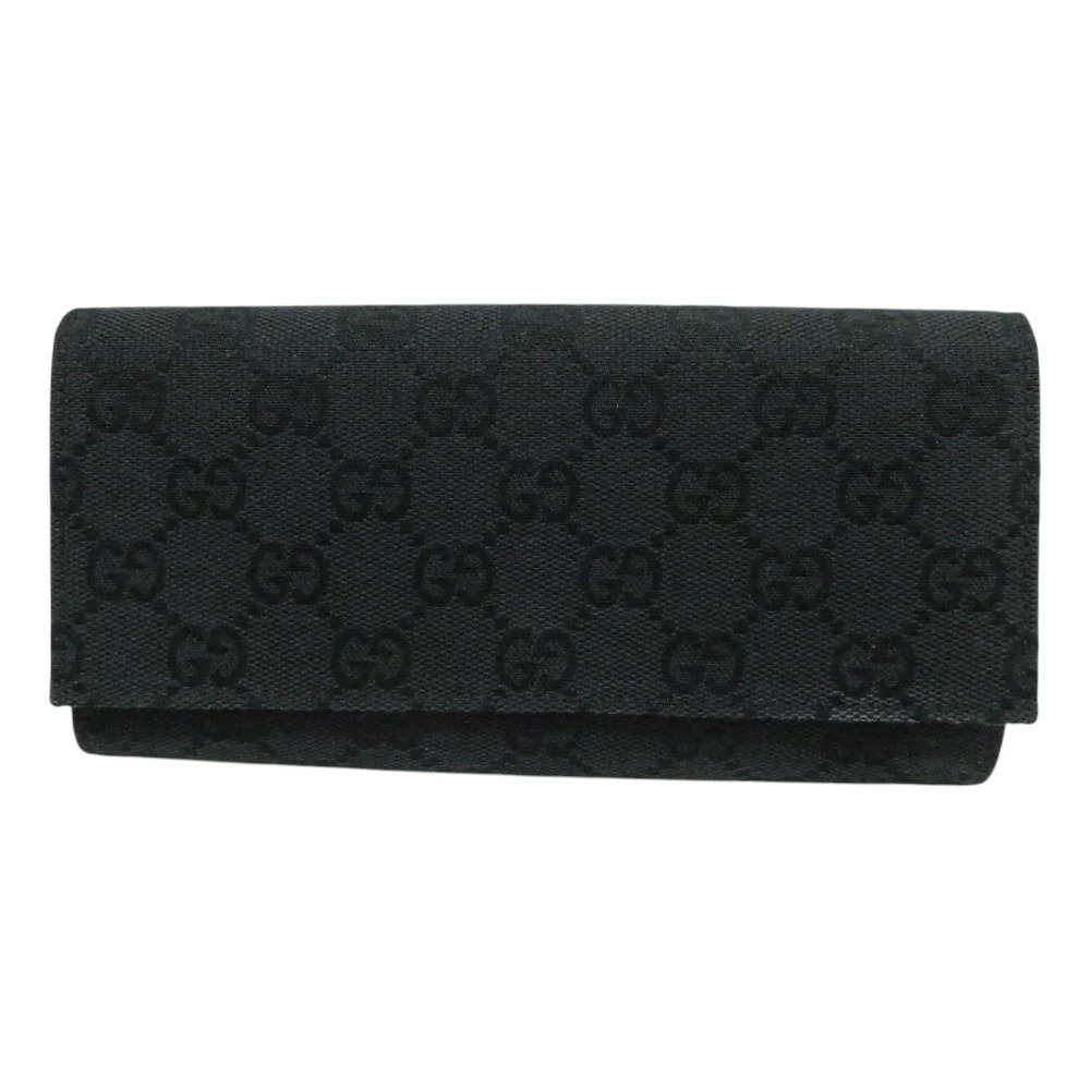 GUCCI Bi fold Long Wallet Bill Card Slots GG Canvas Leather Black